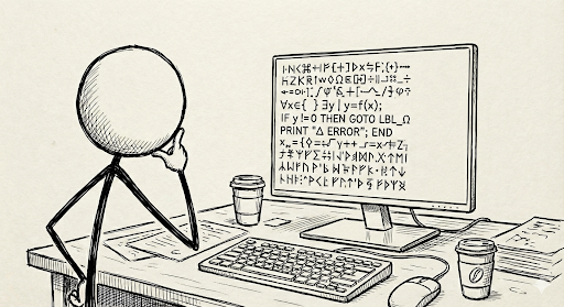 A stick figure at a desk looking at a computer display full of incomprehensible characters